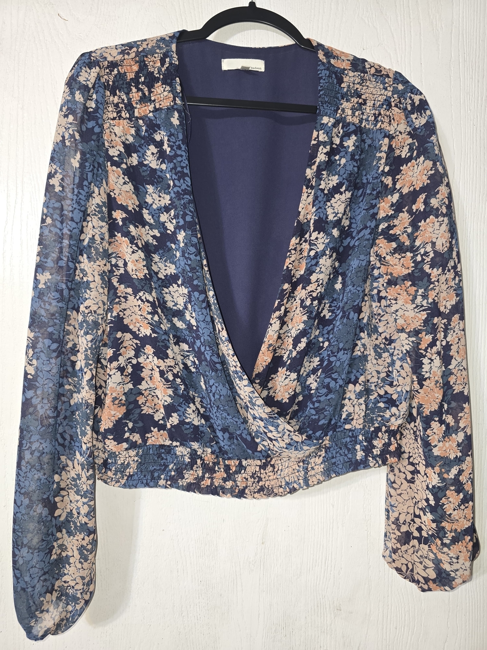 H By Hudson Navy Floral Wrap Blouse with Peach Accents
